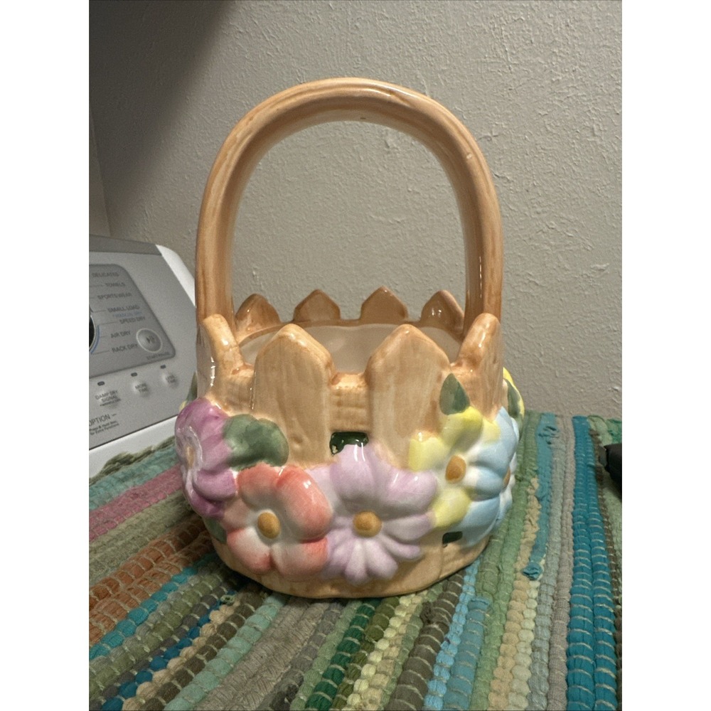 Teleflora Ceramic Picket Fence Basket with Flowers Spring Easter Decor Pastels‎